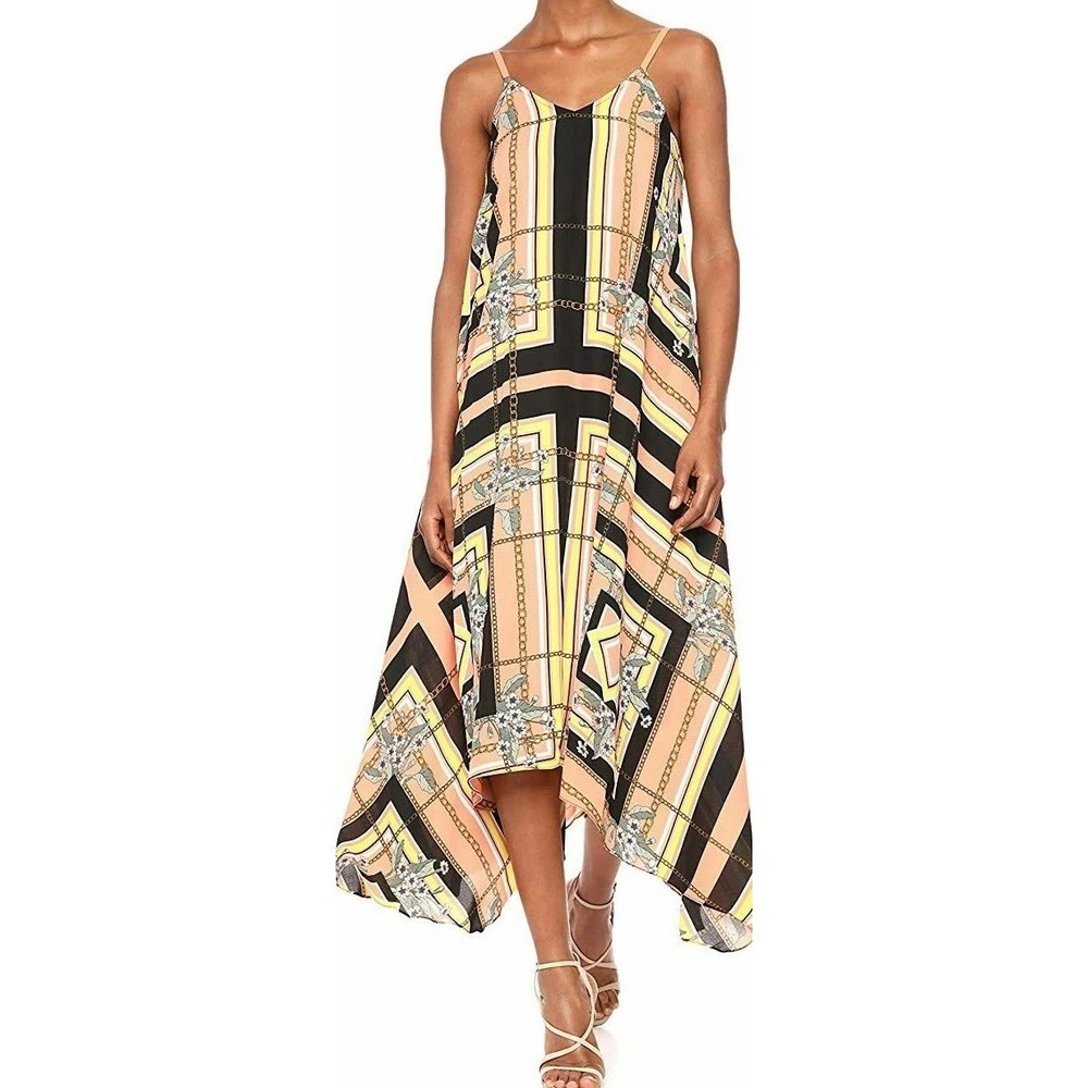 Nanette Lepore Handkerchief Maxi Dress Women 8 Peach Black Scarf Print Floral